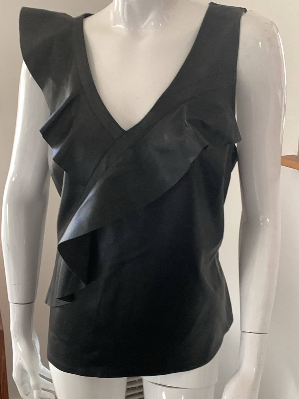Women's Black Faux Leather Ruffle V-Neck Sleeveless Top